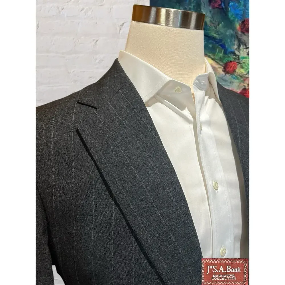 Vintage Jos A Bank Executive Collection Mens 44L 38x31 Gray Suit Banker's Stripe